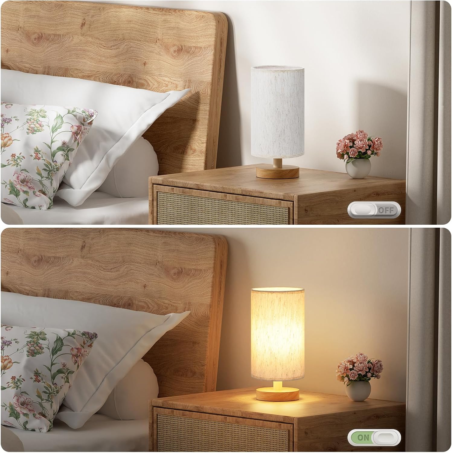 Fenmzee Small Table Lamp for Bedroom - Inline Control. Bedside Lamp with 3000K A15 LED Blub. Easy Assembly (Cream Shade - Wood Base. 9 Inline Control)