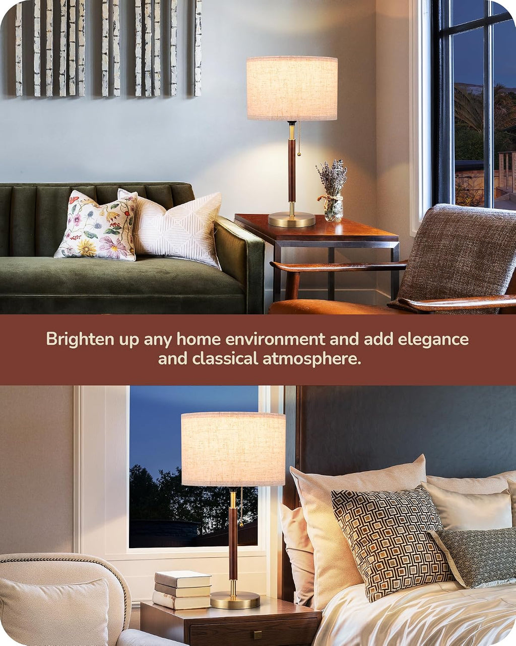 Mid-century style table lamp—a bedside lamp featuring a pull-chain switch and a design combining solid wood with a metal stem.