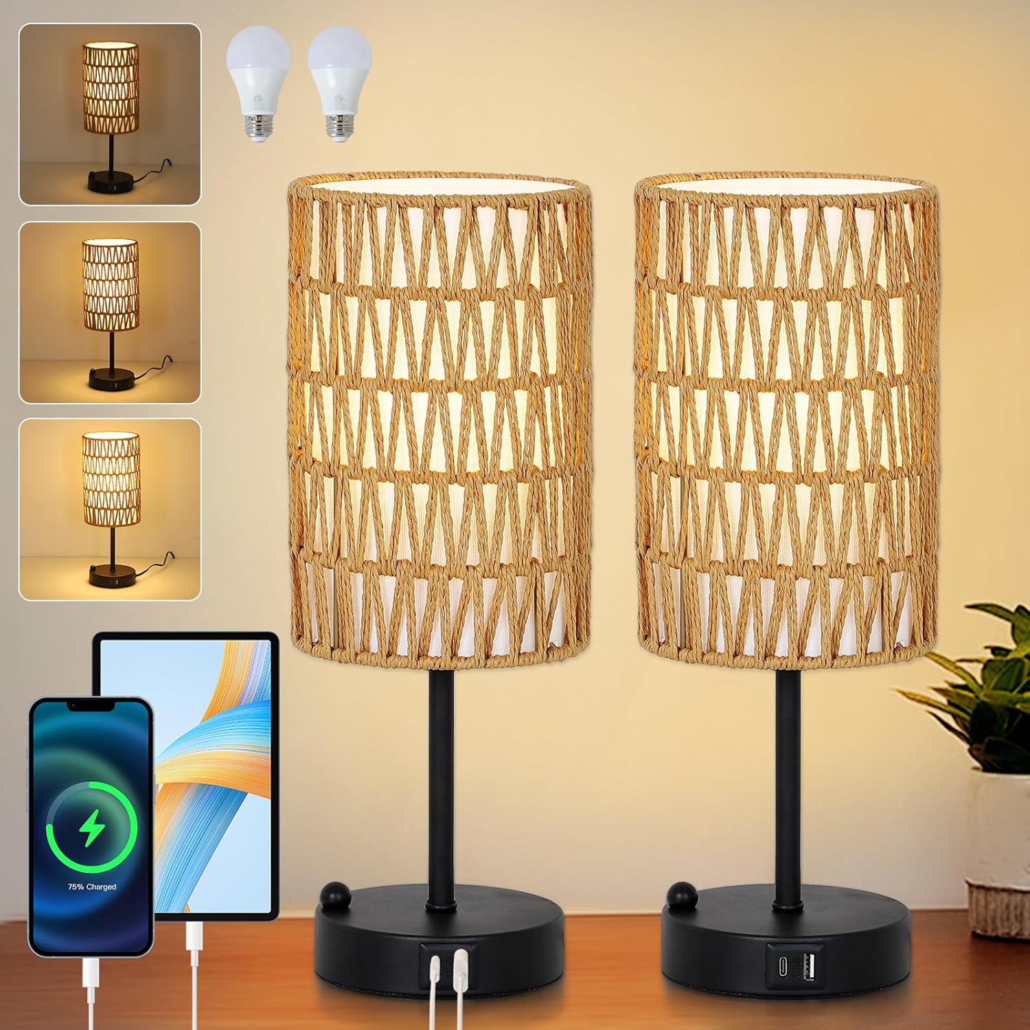 Touch-Control Bedside Lamp (Bulb Included) — Features a Rattan and Linen Shade; 3-Level Dimmable Bedside Lamp with USB Charging Port and Phone Holder