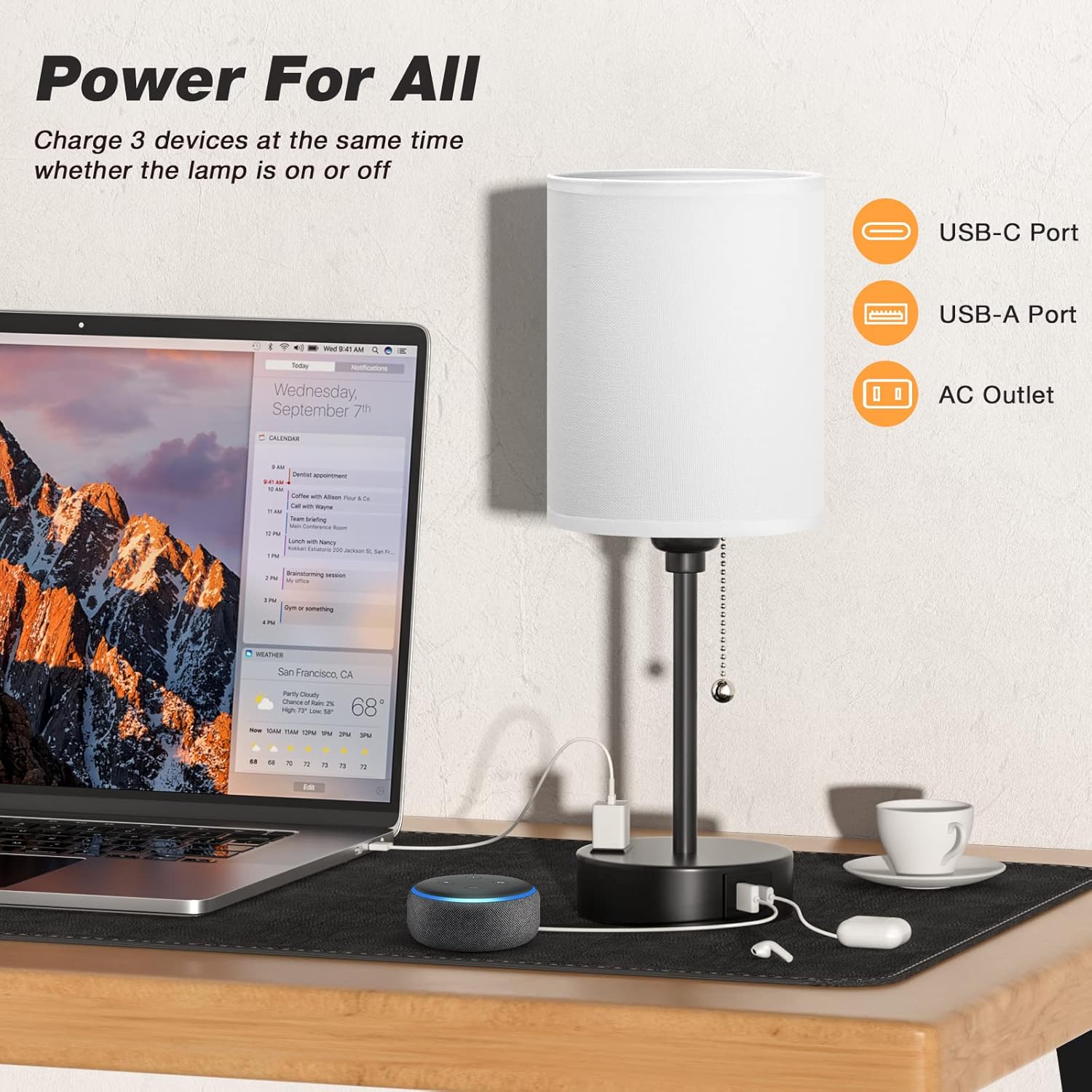 Compact Bedside Table Lamp for Bedrooms – Features 3 Color Temperature Settings and USB-C & USB-A Ports