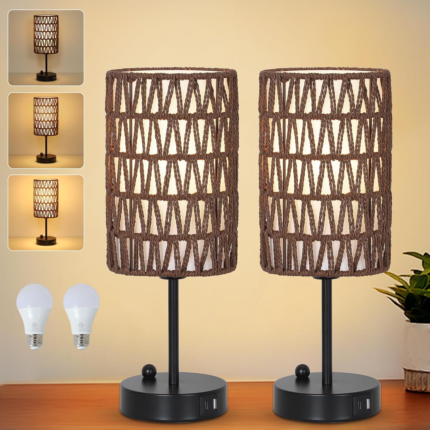 Touch-Control Bedside Lamp (Bulb Included) — Features a Rattan and Linen Shade; 3-Level Dimmable Bedside Lamp with USB Charging Port and Phone Holder